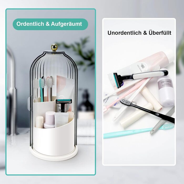Тримач для зубних щіток RISEMART із ковзною кришкою, обертовий органайзер для ванної кімнати з 3 відділеннями для стільниці, тримач для зубних щіток і пасти, тримач для ванної кімнати, органайзер для раковини для косметичних щіток