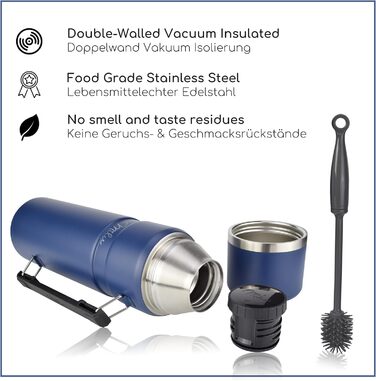 Термос Milu 1 л - Термос-пляшка з ручкою - Ізольована пляшка - Ізольована питна пляшка з нержавіючої сталі, 100 герметична, з подвійною стінкою (темно-синій, 1000 мл) Темно-синій 1000 мл