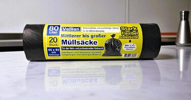 Літрові сміттєві пакети - Розміри 65 x 85 см - 20 пакетів у рулоні - стійкі до розривів, міцні та гнучкі - Упаковка з 5 рулонів (100 пакетів), 80-