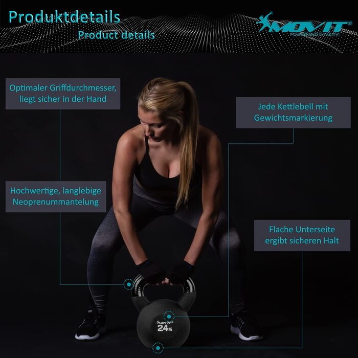 Гантеля-гиря MOVIT Kettlebell PRO 16 кг, чавунна з неопреновим покриттям для силових тренувань (темно-синя)