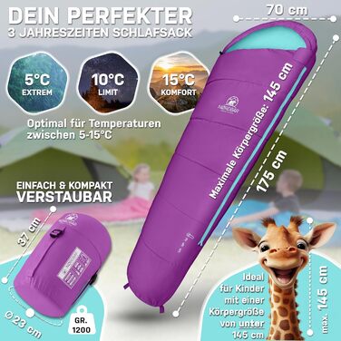 Дитячий спальний мішок для хлопчиків та дівчаток зростом до 145 см Підкладка 100 бавовна Легкий та теплий спальний мішок для мам Дитячий спальний мішок для активного відпочинку 1200 г Дитячі спальні мішки для кемпінгу, фіолетовий/бірюзовий