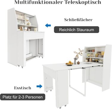 Розсувний обідній стіл, маленький, розсувний в одному напрямку, біла шафа для зберігання в їдальні, багатофункціональний обідній стіл, що економить місце, 52/132,5x80x76 см
