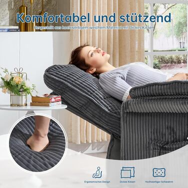 Моторне електричне крісло-реклайнер, крісло для телевізора з функцією відкидання, крісло для телевізора у вітальні з колесами, регульована спинка та підставка для ніг, 2 бічні кишені, вельветовий диван, темно-сірий, 2-