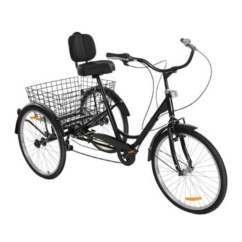 Дюймовий триколісний велосипед для дорослих, 7-швидкісний 3-колісний триколісний велосипед для покупок з кошиком, регульованим сидінням, міський велосипед, велосипед для відпочинку, триколісний велосипед для покупок для старших (чорний), 24-