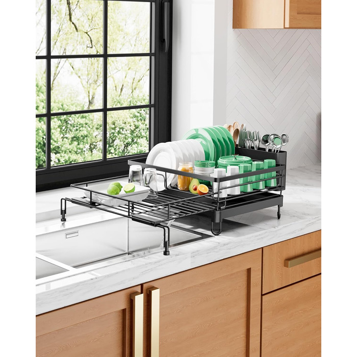 Висувна сушарка для посуду Kitsure сушарка для посуду з нержавіючої сталі з регульованими ніжками, тримачем для столових приборів та знімним підносом, 39,5-64,0 см x 43,0 см x 20,5 см, чорна
