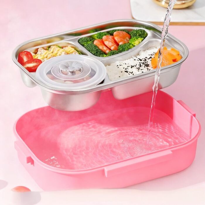 Бенто-бокс з нержавіючої сталі, обідниця, 4 відділення, портативна, контейнер для зберігання їжі, з термоізоляцією та окремою мискою для супу, з ложкою та паличками для їжі, рожевий