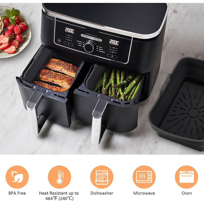 Силіконова фритюрниця Аксесуари, складні силіконові форми для Ninja Foodi AF400EU/SL400EU/Cookwise і всі 7.6-9.5 л фритюрниці Dual Zone з магнітною кулінарною книгою (чорна, 2 шт. )