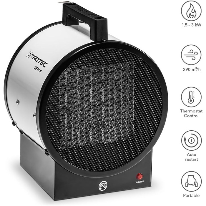 Електричний будівельний обігрівач TROTEC TDS 20 M теплова потужність 1,5 кВт / 3 кВт об&39єм повітря електричного обігрівача 290 м/год вентилятор-обігрівач з термостатом, керамічний