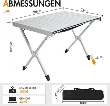 Складаний кемпінговий стіл PORTAL, регульована висота, алюмінієвий, 108 x 71 см, зсувний, легкий, для пікніків, вечірок, садів, походів, подорожей, сріблястий