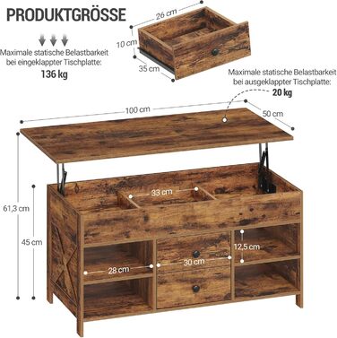 Журнальний столик Hzuaneri, стіл для вітальні з регульованою висотою, диван-столик, 2 шухляди та приховане місце для зберігання, 50 x 100 x 47,3-61,3 см, для вітальні, їдальні, офісу, вінтажний коричнево-чорний CT22101B