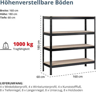 Стелаж SCHULTE Shelf World для важких умов експлуатації з 4 рівнями, 180x160x60 см (ВxШxГ), вантажопідйомність на рівень приблизно 250 кг, чорний текстурований, стелаж для зберігання, стелаж для підвалу, стелаж для майстерні, стелаж без ригелів