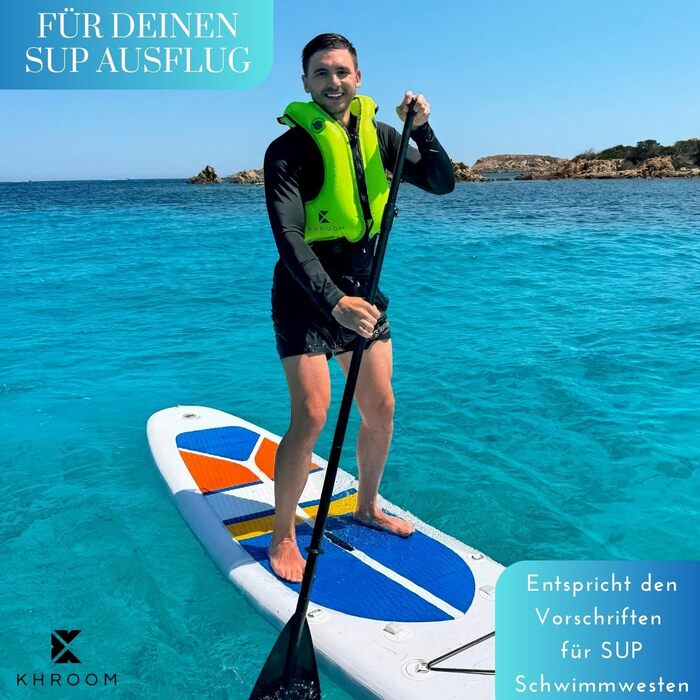 Надувний рятувальний жилет Khroom для дорослих, що відповідає останнім стандартам ЄС Зріст 150-210 см, до 100 кг Жилет для плавання, жилет для підводного плавання для підлітків та старше Сноркелінг, каякінг та SUP (V2 150-210 см, до 100 кг, синій)