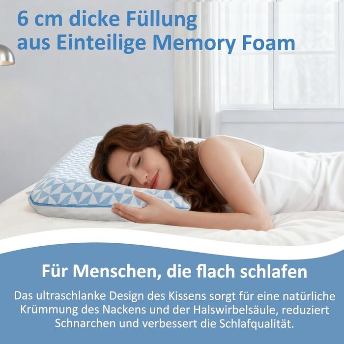 Ультратонка плоска подушка з піни з ефектом пам&39яті - Охолоджувальна подушка для сну на животі зі знімним чохлом, який можна прати, подушка для підтримки шиї для сну на спині та животі, 40x60x6 см Синьо-білий колір 40x60x6 см