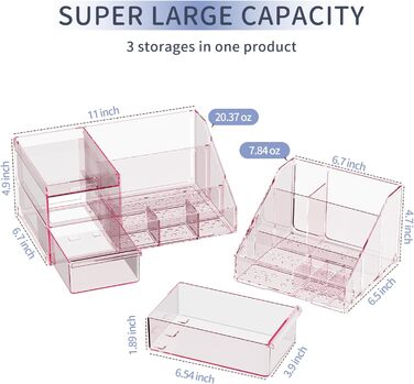 Органайзер для макіяжу, велика місткість, органайзер для макіяжу та зберігання з висувними ящиками, органайзер для макіяжу для туалетного столика, пензликів для макіяжу, лаку для нігтів та косметичних засобів (рожевий) рожевий