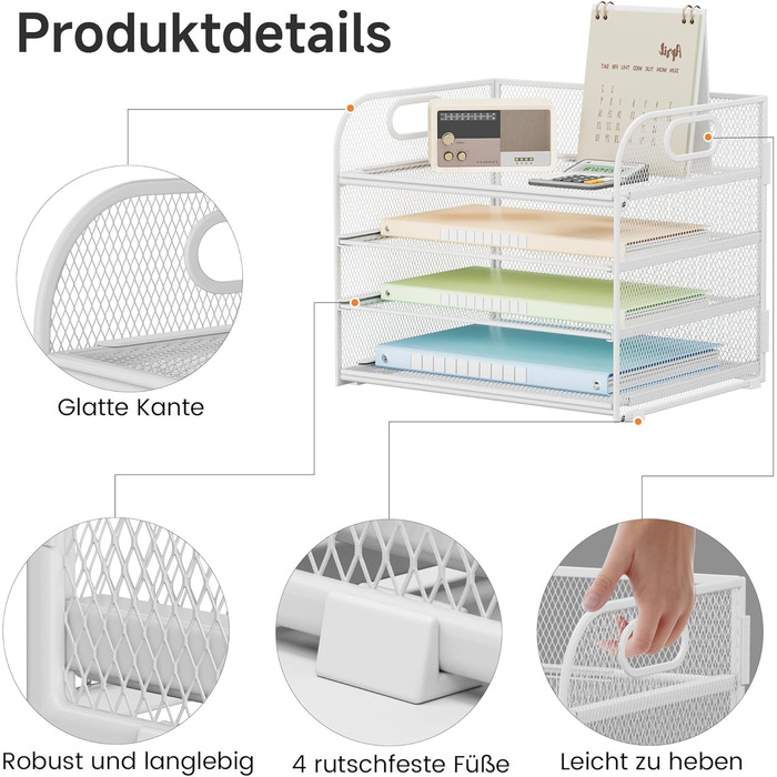 Органайзер для столу VITVITI, 4-ярусний лоток для листів, штабелювані тримачі для файлів, лотки з ручками, канцелярське приладдя для документів A4, паперу, книг, журналів (білий)
