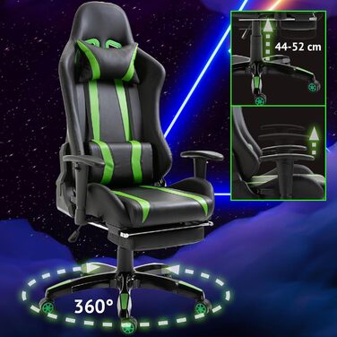 Ігрове крісло SVITA Gamyx, офісне крісло, стілець для столу, ігрове крісло, ергономічне поворотне крісло з підголівником, підставкою для ніг, підставка для ніг, зелене
