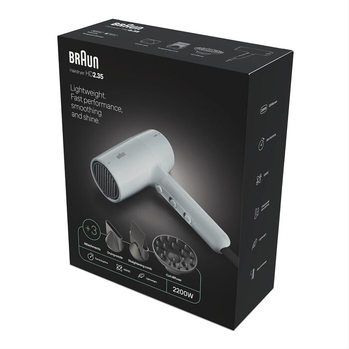Фен Braun HD2.35 Styling Set легкий фен з дифузором, гребінцем-вирівнювачем та стилізуючою насадкою для всіх типів волосся, технологія IONTEC, 2200 Вт, 3 температури та 2 швидкості, сірий, BRHD235E