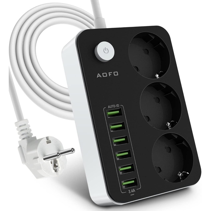 Адаптер розетки з декількома розетками на смужці 3 відділення перемикається з 6 USB (5V / 3.4 A, 17W), перемикається з декількома