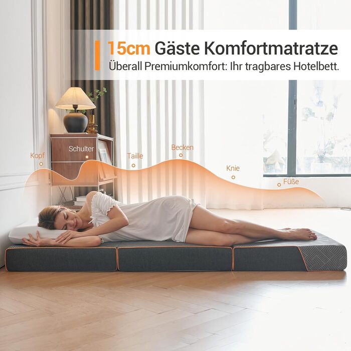 Зонний розкладний матрац 195x75x15 см, складний матрац для гостей та кемпінгу, піна з ефектом пам&39яті середньої жорсткості для оптимального комфорту сну, портативний з ручкою, сертифікований Oeko-Tex (сірий) 75x195x15 см, 7-