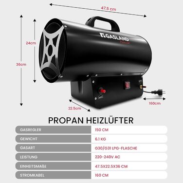 Газовий обігрівач GASLAND FlameJet FH30FBDE потужністю 30 кВт з редукційним клапаном 700 мбар, конвекційним нагрівом, турбовентилятором, захистом від перегріву