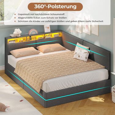 М&39яке ліжко-диван-ліжко 140x200 з USB-розетками та гідравлічним відділенням для зберігання, Ліжка 140x200 зі світлодіодним узголів&39ям та рейковою основою, Дитяче ліжко-кушетка, Двоспальне ліжко, Льняне, Темно-сірий (без матраца) 140 x 200 см Темно-сір