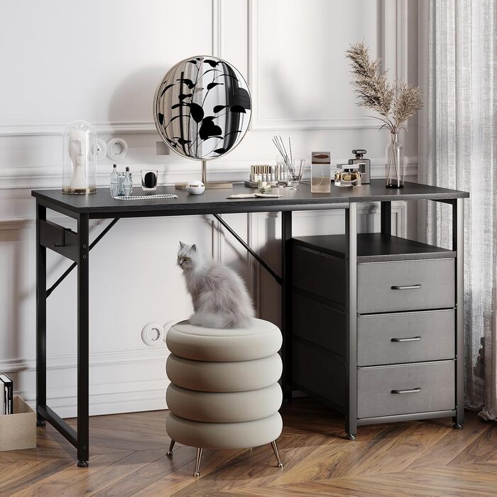 Письмовий стіл ODK з 3 шухлядами, тканина, 120x48x75,5 см, комп&39ютерний стіл з 2 розетками та USB-портами, двосторонній ПК-стіл, офісний стіл для домашнього офісу, чорний 120x48x75,5 см чорний