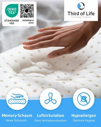 Подушка Third of Life HADAR 40x80 см, регульована по висоті, високоякісна піна з ефектом пам&39яті для підтримки шийного відділу хребта, подушка для підтримки шиї з терморегулюючим чохлом, ергономічна подушка для шийного відділу хребта, підходить для чохл