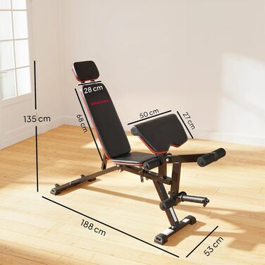 Регульована силова лава до 300 кг, тренувальна лава 3-в-1 з колесами, розгинач ніг, накладка на згинання рук, довгий підголівник, похила лава з еспандерами, фітнес-лава для домашнього спортзалу