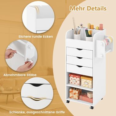 Контейнер на колесах COSTWAY з 3 шухлядами, візок для рукоділля з 2 коліщатками та 3 відділеннями, дерев&39яна шафа з шухлядами на колесах, багатоцільовий візок на колесах для офісу/кабінету (білий)