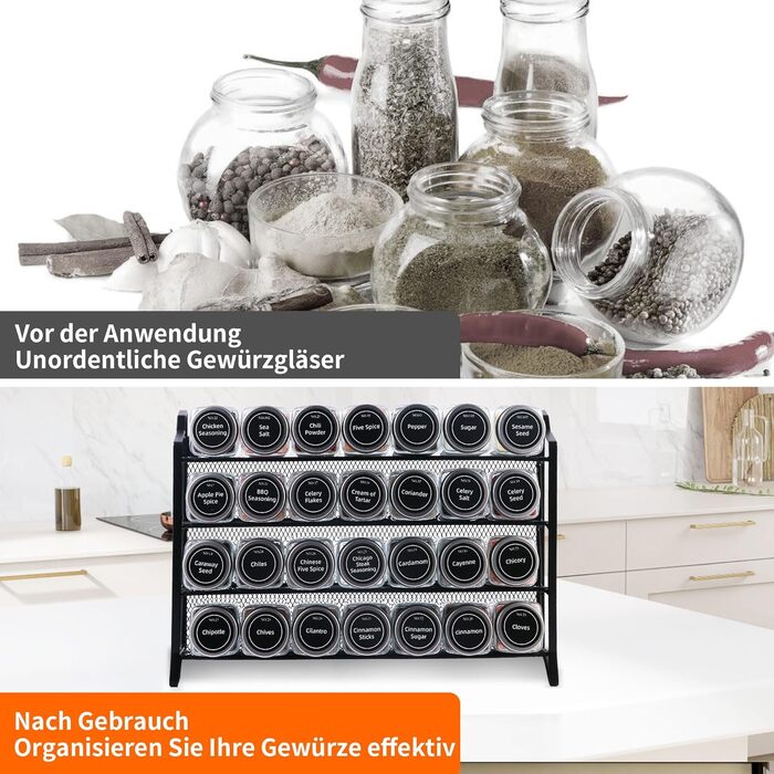 Рівнева підставка для спецій, настінна та настінна, 28 порожніх органайзерів для спецій зі стійкою та 432 етикетками для спецій, підставка для спецій, не потребує свердління для кухні, шафи, комори, 4-