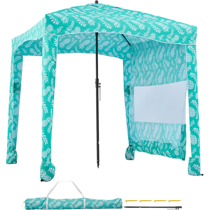 Пляжний навіс VEVOR 183 x 183 см з бічною стінкою, захист від сонця UPF 50, пляжний павільйон з мішками з піском, портативна парасолька від сонця для всієї родини та друзів, світло-зелений візерунок 6*6