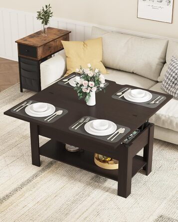 Журнальний столик з регульованою висотою, багатофункціональний стіл для вітальні 3-в-1, журнальний столик, приховане місце для зберігання, відкрите відділення, можна використовувати як обідній стіл, для вітальні, офісу, чорно-коричневий