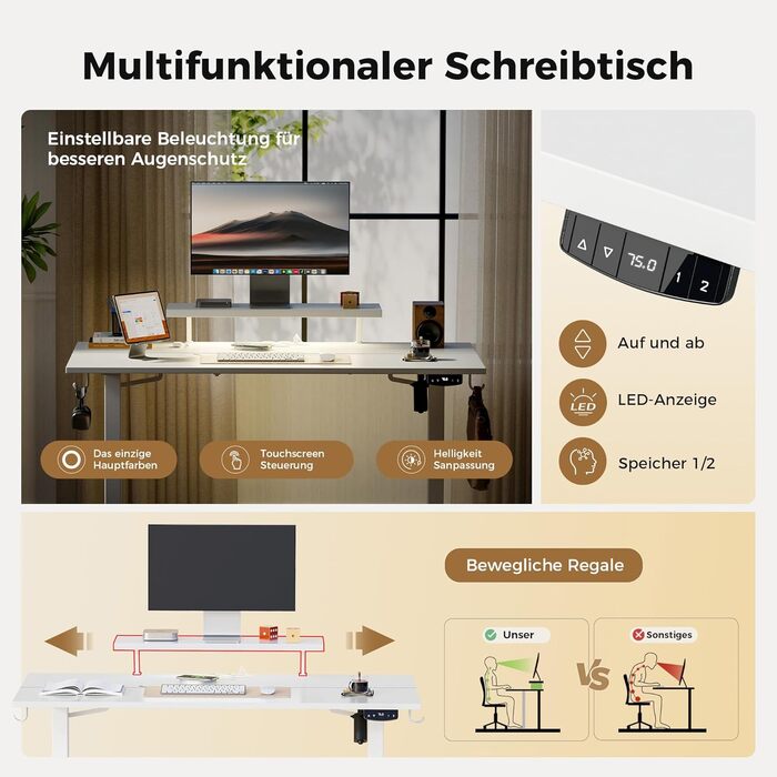Електрично регульований по висоті стіл 100 x 60 см зі світлодіодною стрічкою, USB-портом та регульованою підставкою для монітора, стіл для роботи стоячи з 2-секційною стільницею, комп&39ютерний стіл, білий 100 x 60 см зі світлодіодним підсвічуванням