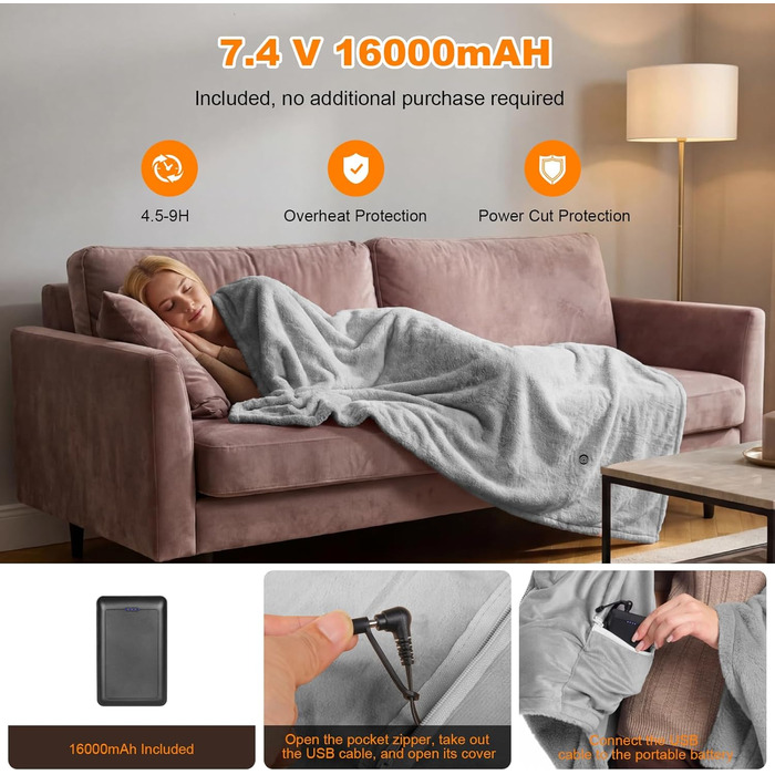 Бездротова ковдра з підігрівом 160x90 см з акумулятором 16000 мАг, фланелева ковдра з підігрівом, яку можна прати, з 6 зонами нагріву та 3 температурними режимами, електрична ковдра з підігрівом від USB для дивана, офісу, подорожей, кемпінгу (сіра)