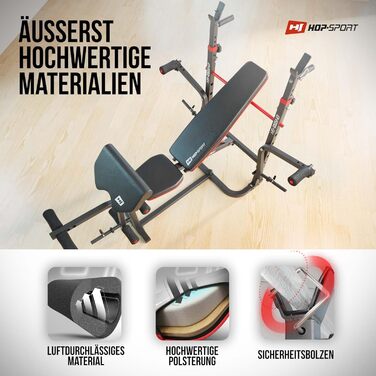 Силова лава Hop-Sport, багатофункціональна складна тренувальна лава зі стійкою для штанги, накладкою для гри в стилі &quotметелик&quot та згинання рук, для силових тренувань вдома, максимальне навантаження 250 кг