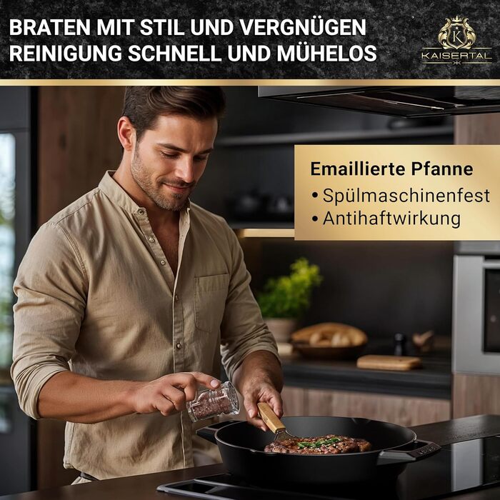 Емальована чавунна сковорода - Антипригарний ефект - 2,7 л, чорна - Ідеально підходить для всіх типів плит - Сковорода-гриль Індук