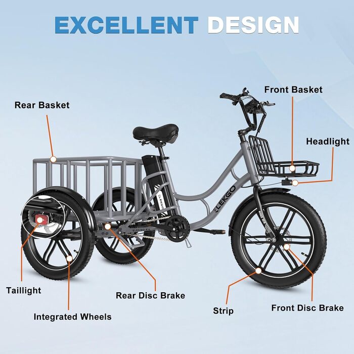 Дюймовий триколісний електровелосипед, знімний акумулятор 48 В 18 Аг, розблокування NFC, передачі вперед і назад, з товстими шинами, фара, вантажний велосипед, вантажопідйомність 200 кг, сірий, 20-