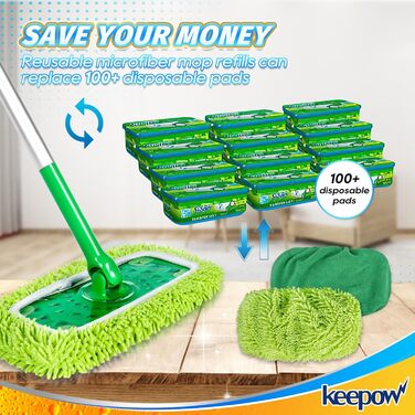 Багаторазові плоскі ганчірки для підлогомийної машини Swiffer, для вологого та сухого використання, 4 упаковки зеленого кольору 4