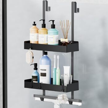 Підвісна полиця для душу, органайзер для скляних душових дверей, тримач для шампуню, кошик для душу без свердління, чорний, з 8 гачками, нержавіюча сталь 65.5x30x11.2 см