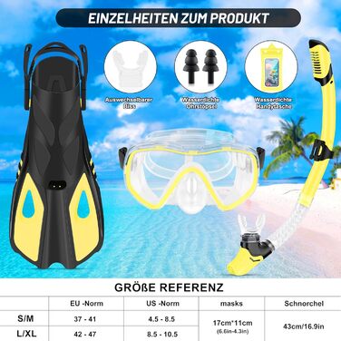 Набір для дорослого підводного плавання, 7 предметів спорядження для підводного плавання з маскою проти запотівання, ластами, сухою трубкою, водонепроникним чохлом для телефону, берушами та сумкою для перенесення, жовтий, S/M