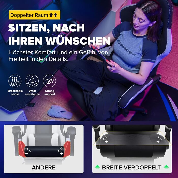 Ігрове крісло GTPLAYER Ергономічне ігрове крісло для столу з тканинною поверхнею, пружинною подушкою сидіння, з&39єднувальними підлокітниками та підставкою для ніг, світло-чорне