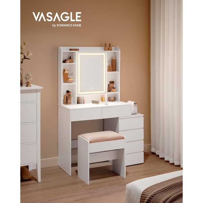Колекція Kailyn - Туалетний столик зі світлодіодним освітленням, 3 регульовані кольори світла, туалетний столик з дзеркалом, шухляди, відкриті відділення, з табуретом, регульовані полиці, хмарно-білий RDT125W01 Сучасний 97.5W см
