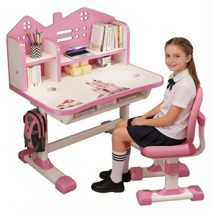 Комплект дитячого столу та стільця, Дитячий стіл з регульованою висотою, Функціональний дитячий комплект столу та стільця з шухлядою, Розширений комплект столу та стільців, Рожевий з мультяшним візерунком