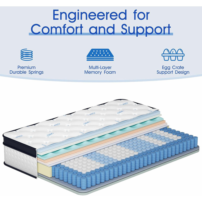 Матрац H4, гібридний матрац з пружинним ядром у формі кишенькової тканини та 7-зонною підтримкою, піна з ефектом пам&39яті ергономічний комфорт та ізоляція рухів, сертифікований Oeko-TEX та CertiPUR-US, 160x200x22 см