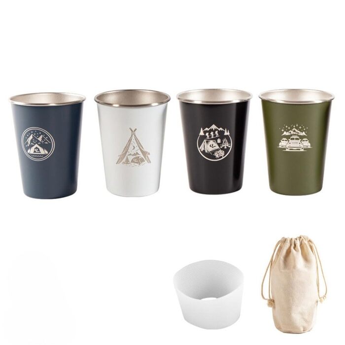 Набір із 4 кавових чашок об&39ємом 350 мл з нержавіючої сталі 304 для кемпінгу на відкритому повітрі з силіконовим чохлом та сумкою для зберігання