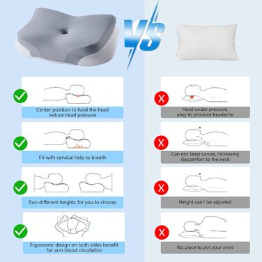 Подушка для шиї KEVIAN, ергономічної форми, охолоджувальна, без запаху, з високощільної піни з ефектом пам&39яті для сну на боці/спині/животі, з чохлом, який можна прати, 60x37x13/12 см