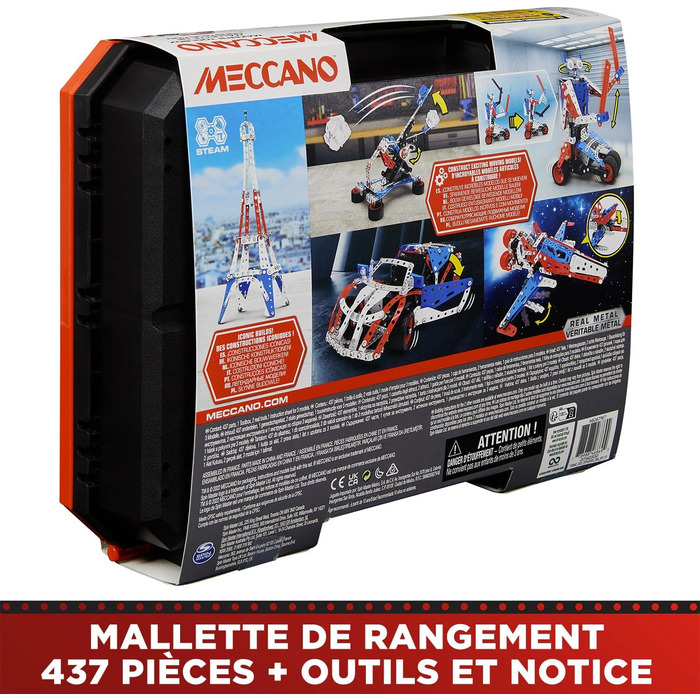 Конструктор BANDAI Meccano Baukoffer 5-в-1 транспорт, роботи, Ейфелева вежа 437 деталей, інструменти та інструкція, ігровий набір для дітей від 10 років, APM20106