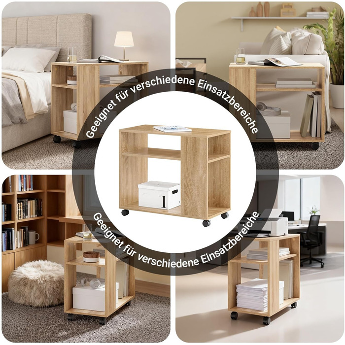 Журнальний столик SoBuy з колесами, 2-ярусний журнальний столик на колесах з відділеннями для зберігання, мобільна книжкова полиця для вітальні, спальні, офісу, Д70 x Ш35 x В60 см, натуральний колір FBT34-N