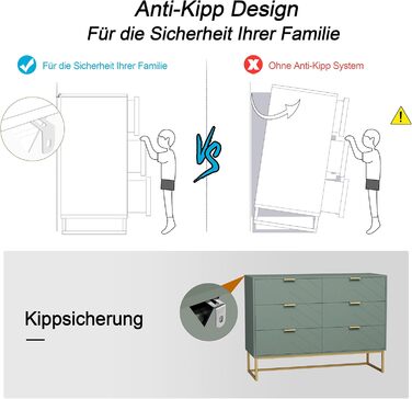 Комод UEV з 6 шухлядами, дерев&39яна шафа з механізмом проти перекидання та металевими ніжками, висока тумба/сервант, вузька комод/бічна шафа для вітальні, спальні, коридору, 100x34x73,5 см, зелений, 34 Г x 100 Ш x 73,5 В см (6 шухляд)