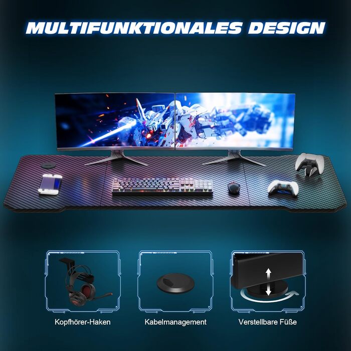 Ігровий стіл 80 x 52 см, ігровий стіл, ПК-стіл з гачком для навушників та карбоновим покриттям, ергономічний комп&39ютерний стіл, металевий каркас, карбон чорного кольору